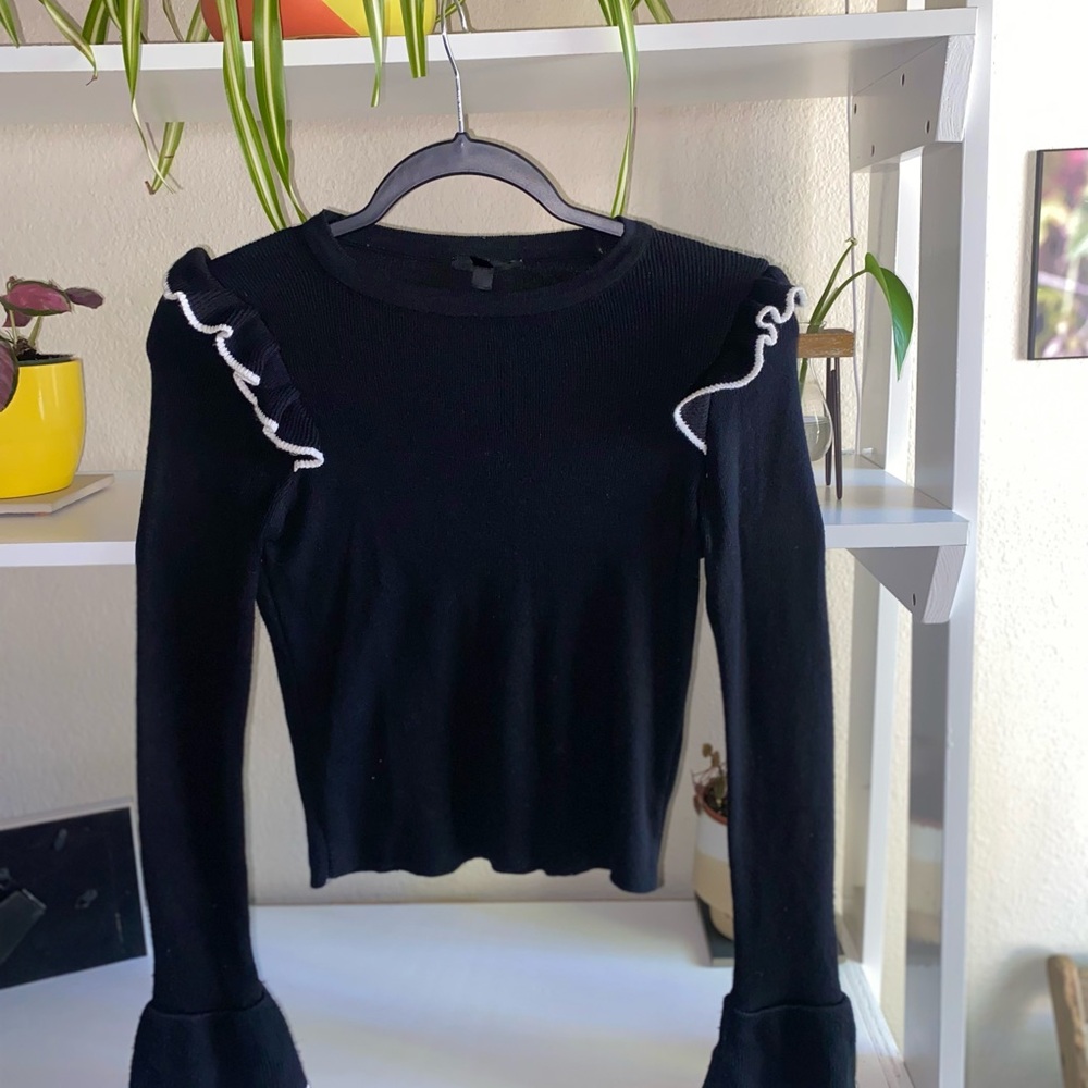 Topshop Black Long Sleeve Top with White Ruffle Trim